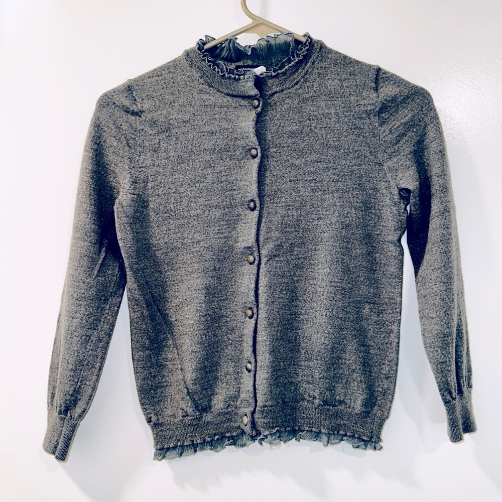 J. Crew shrunken gray ruffle detail cardigan. Size small but fits smaller**‎